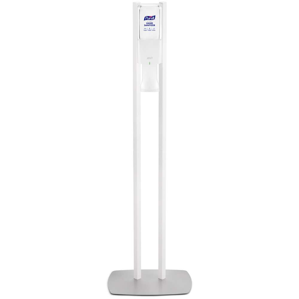 A white hand sanitizer dispenser mounted on a tall stand with a rectangular base PURELL® ES10 Floor Stand with White Automatic Hand Sanitizer Dispenser (1/Case)